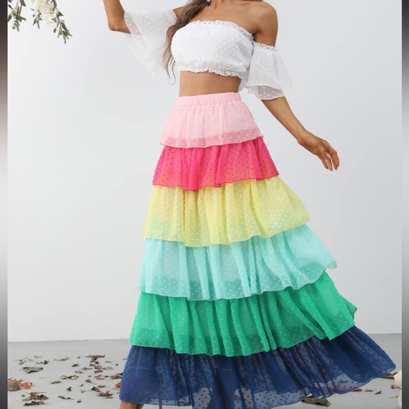 Boho Swiss Dot Off Shoulder Cropped Top Ruffle Frill Color Block Maxi Skirt Set - Picture 4 of 6